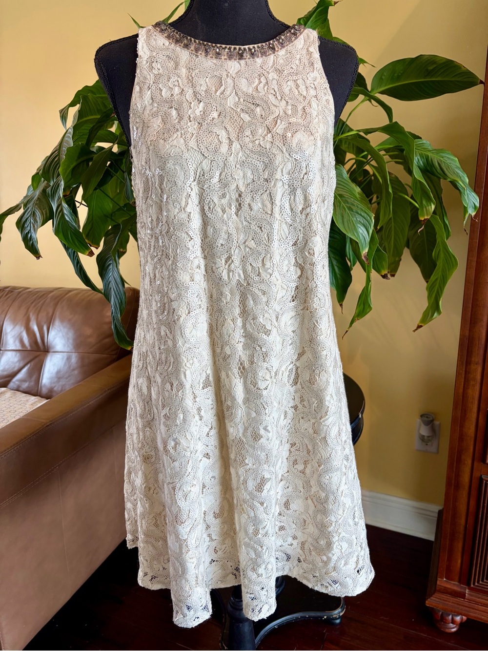 Badgley Mischka ivory sleeveless shift dress w/a jeweled neckline - size 4